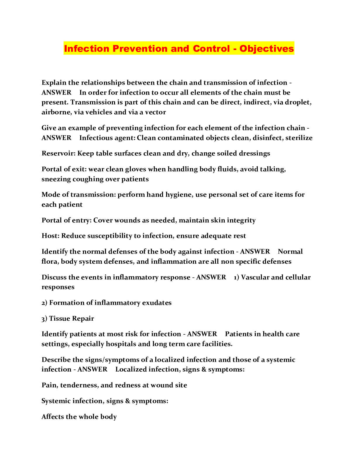 Infection Prevention and Control Objectives Browsegrades